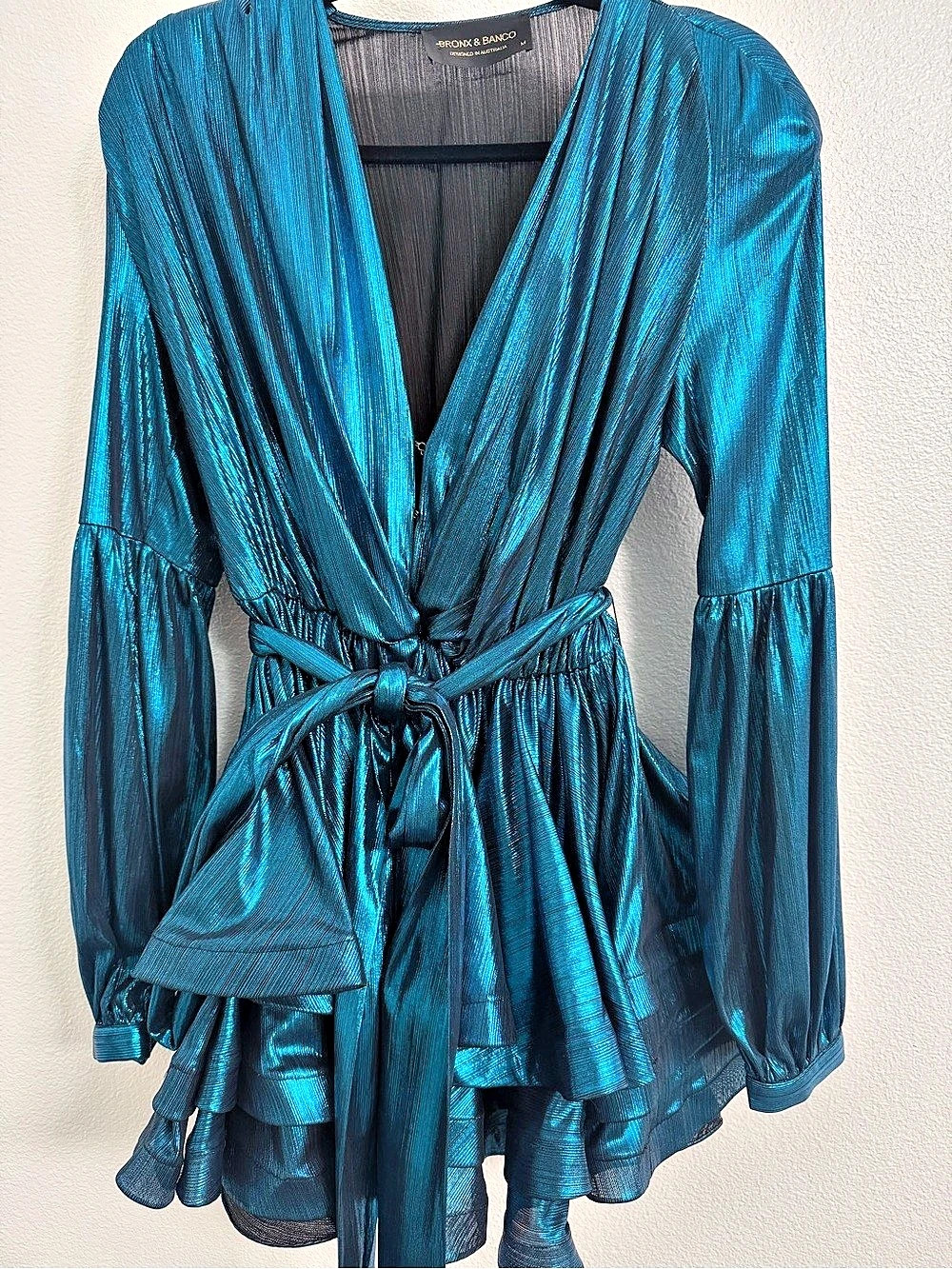 BRONX & BANCO Metallic Ruffle Mini Dress in Blue Size Medium Like New - Picture 2 of 5